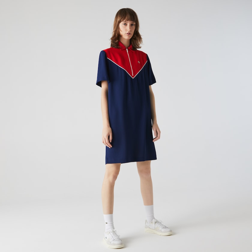 Women's Lacoste Blue / White / Red Polo Dress Zip-Collar Colorblock MJ8-05130E7