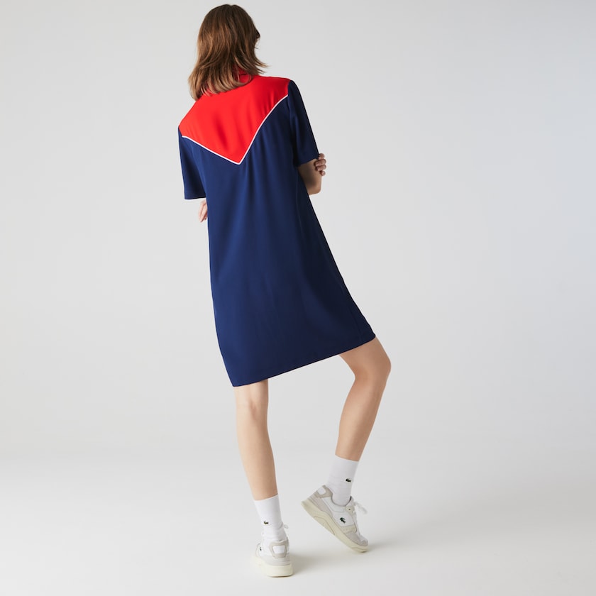 Women's Lacoste Blue / White / Red Polo Dress Zip-Collar Colorblock MJ8-05130E7