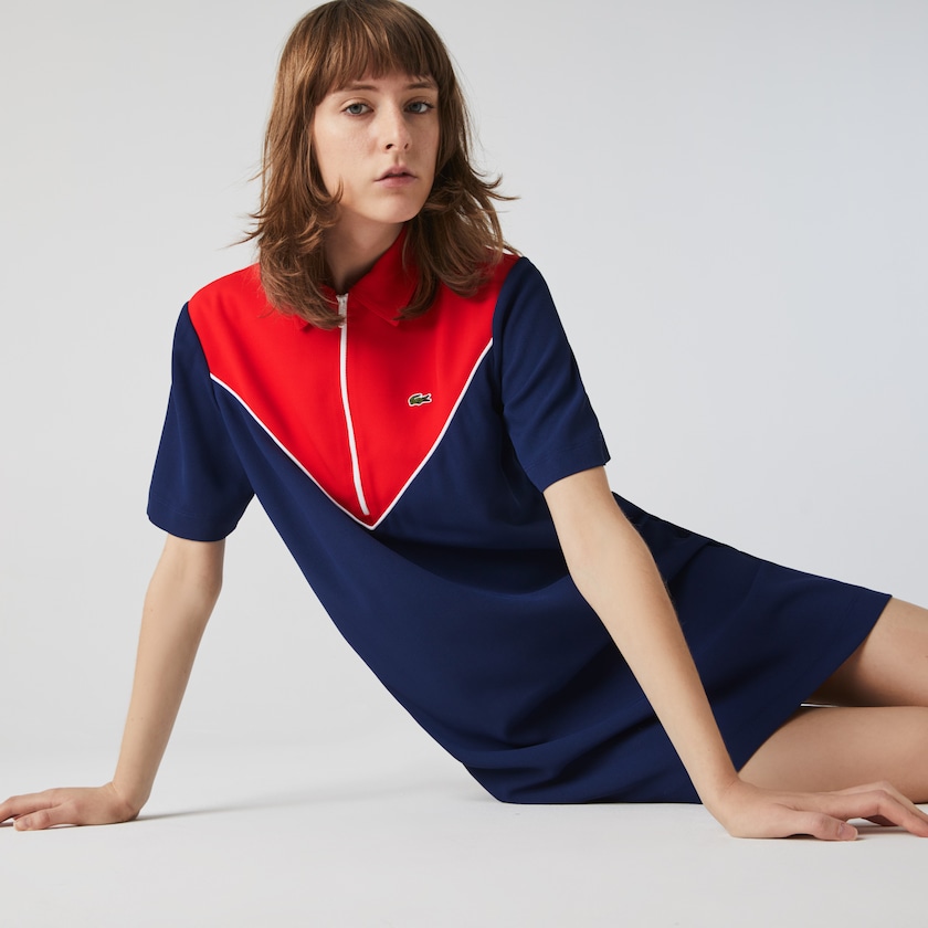 Women's Lacoste Blue / White / Red Polo Dress Zip-Collar Colorblock MJ8-05130E7