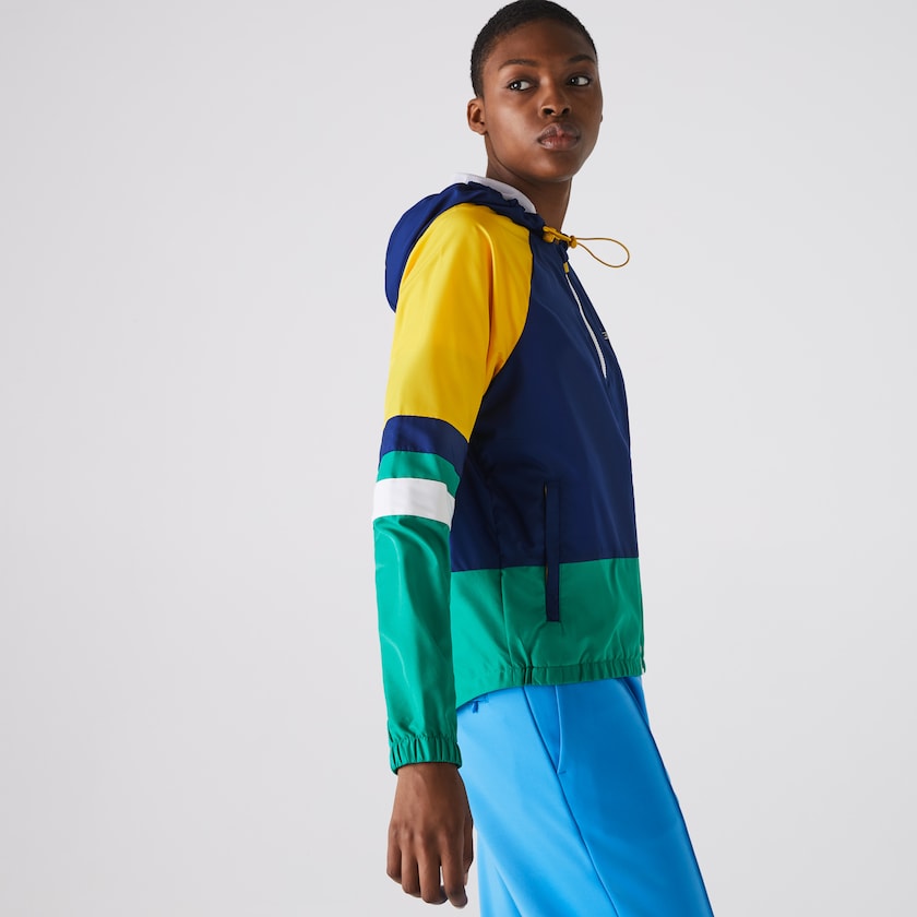 Women's Lacoste Blue / White / Yellow / Green Windbreaker SPORT Colorblock Zip Tennis NW3-26302P1