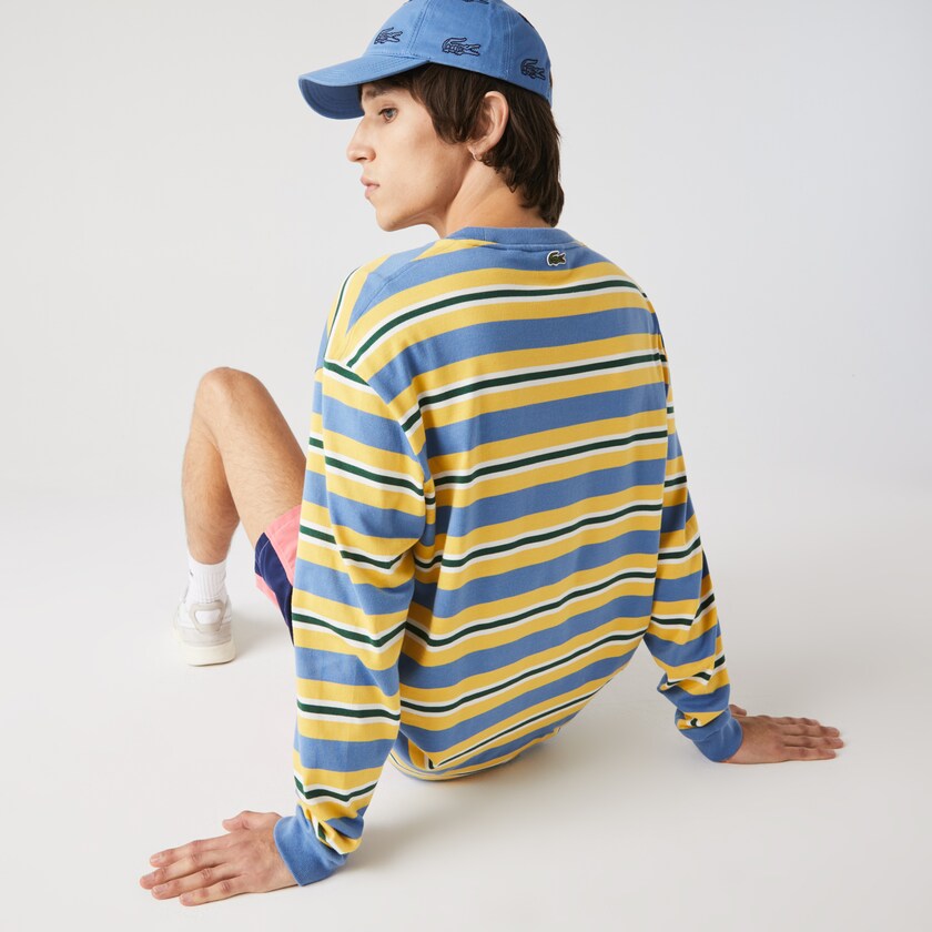 Men's Lacoste Blue / Yellow / White / Green T Shirts Heritage Relaxed Striped Cotton CM2-06640O8