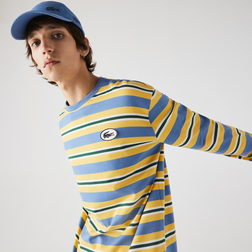 Men's Lacoste Blue / Yellow / White / Green T Shirts Heritage Relaxed Striped Cotton CM2-06640O8
