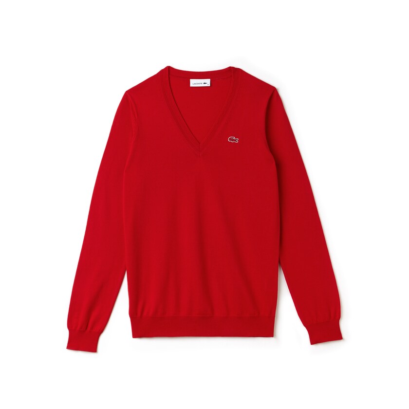 Women's Lacoste Bright Red Sweaters V-neck Jersey XE0-02510W0