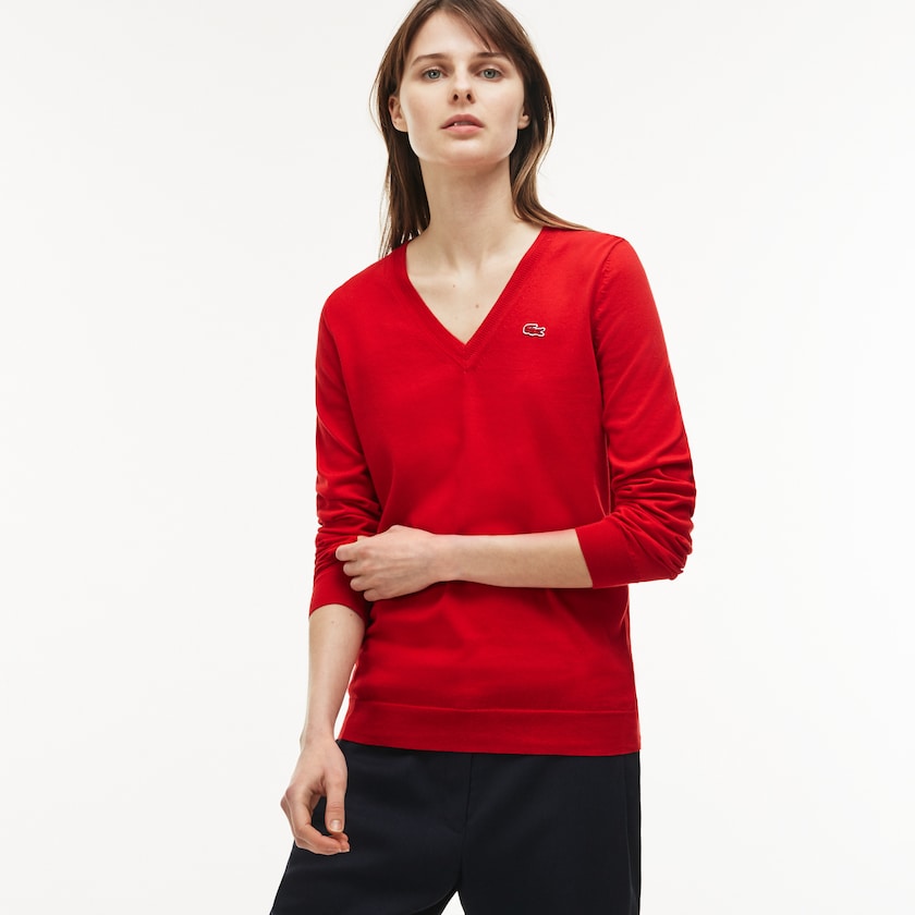 Women's Lacoste Bright Red Sweaters V-neck Jersey XE0-02510W0