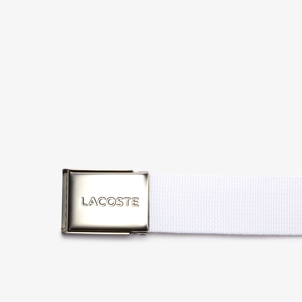Men's Lacoste Bright White Belts Made in France Engraved Buckle Woven Fabric Belt WU4-84978H7