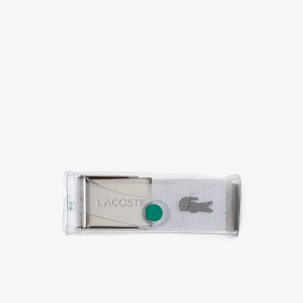 Men's Lacoste Bright White Belts Made in France Engraved Buckle Woven Fabric Belt WU4-84978H7