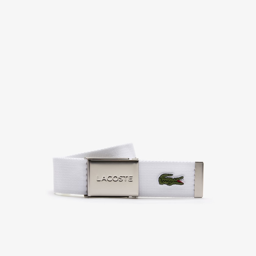 Men's Lacoste Bright White Belts Made in France Engraved Buckle Woven Fabric Belt WU4-84978H7