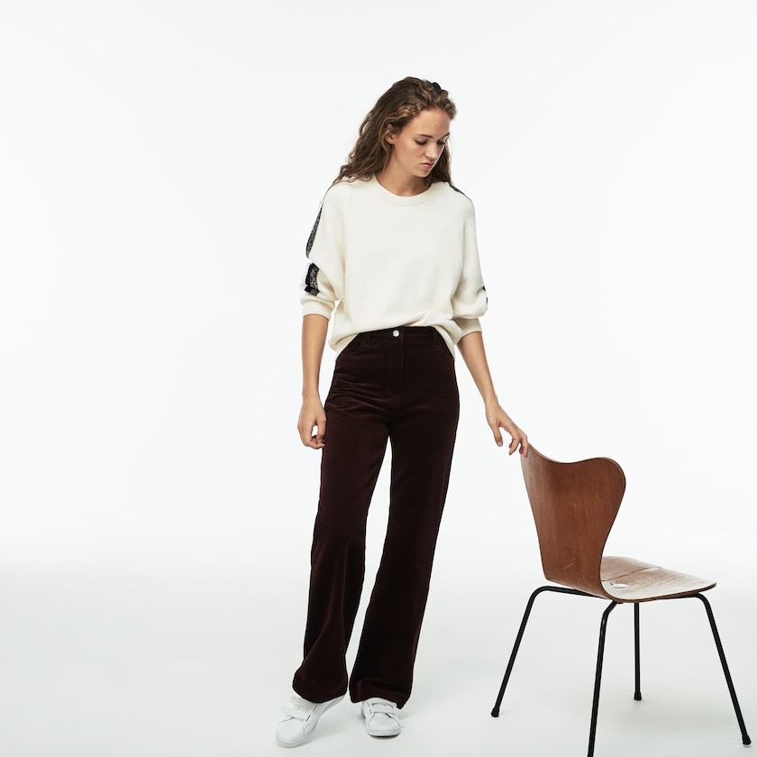Women's Lacoste Brown Pants Boxy Fit Striped Cotton Velour KX8-73277M3