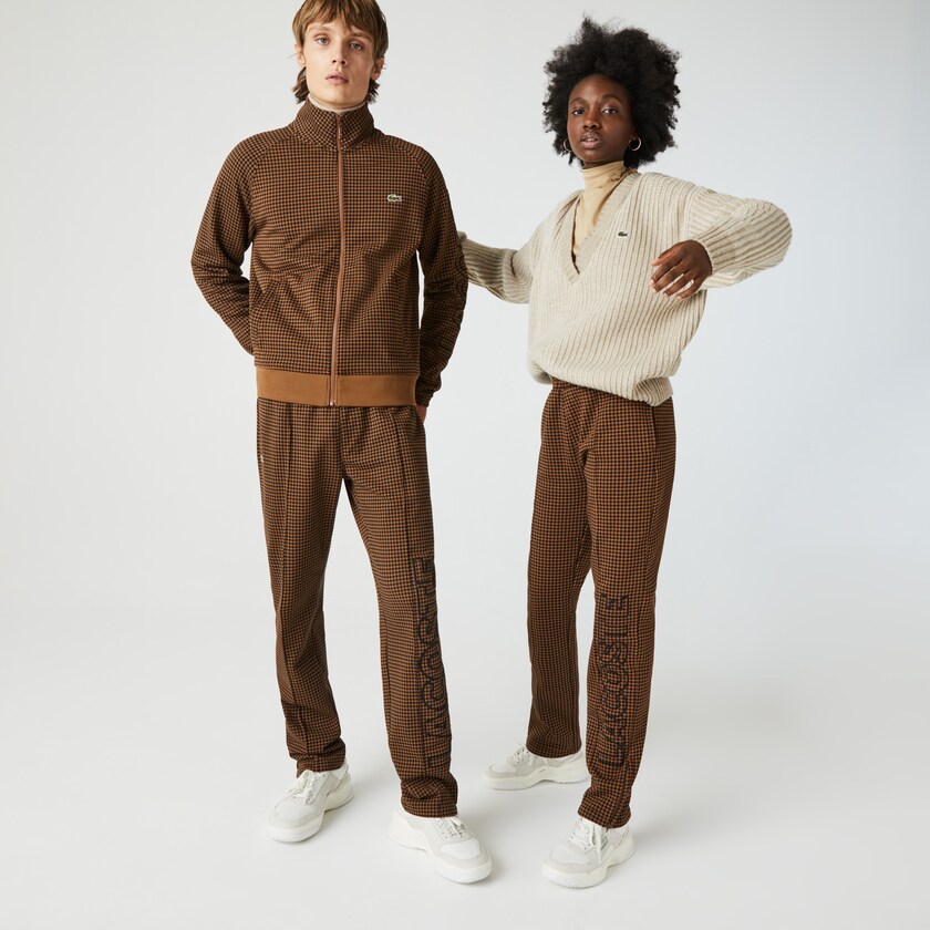 Men's Lacoste Brown / Black Pants LIVE Houndstooth Print Fleece Tracksuit YL1-64556F0