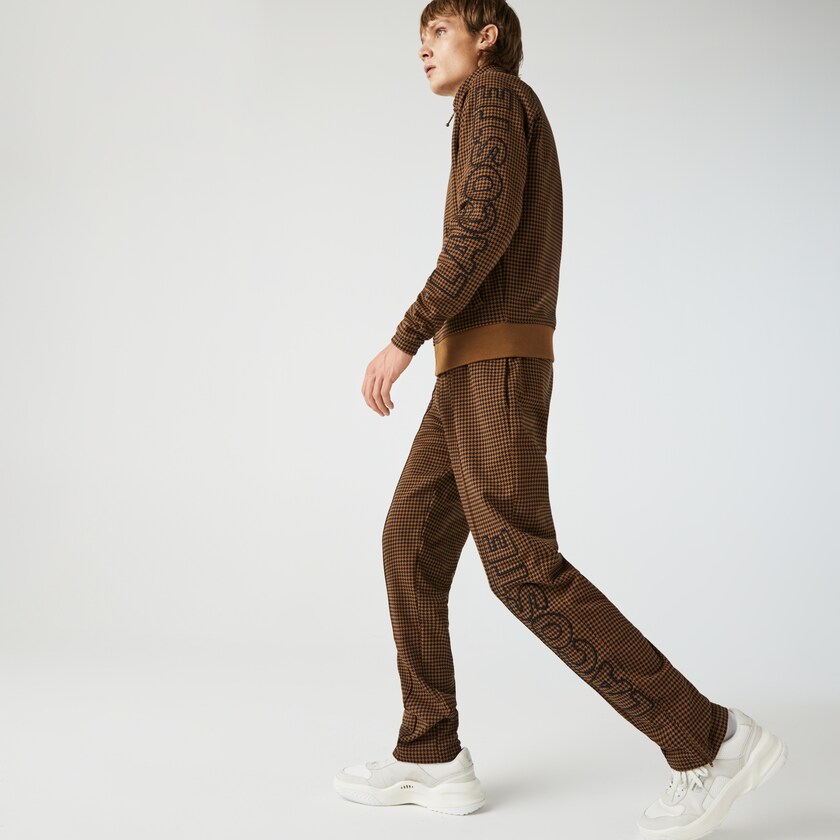 Men's Lacoste Brown / Black Pants LIVE Houndstooth Print Fleece Tracksuit YL1-64556F0