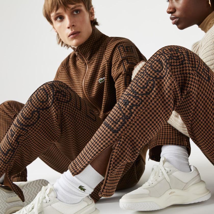 Men's Lacoste Brown / Black Pants LIVE Houndstooth Print Fleece Tracksuit YL1-64556F0