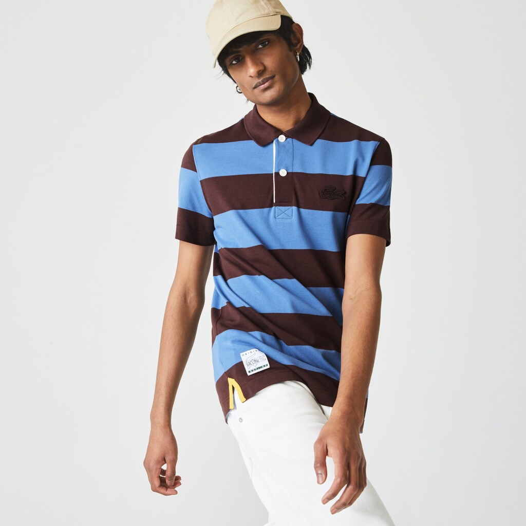 Men's Lacoste Brown / Blue Polo Shirts Regular Fit Striped Cotton Piqué TB5-98389L6