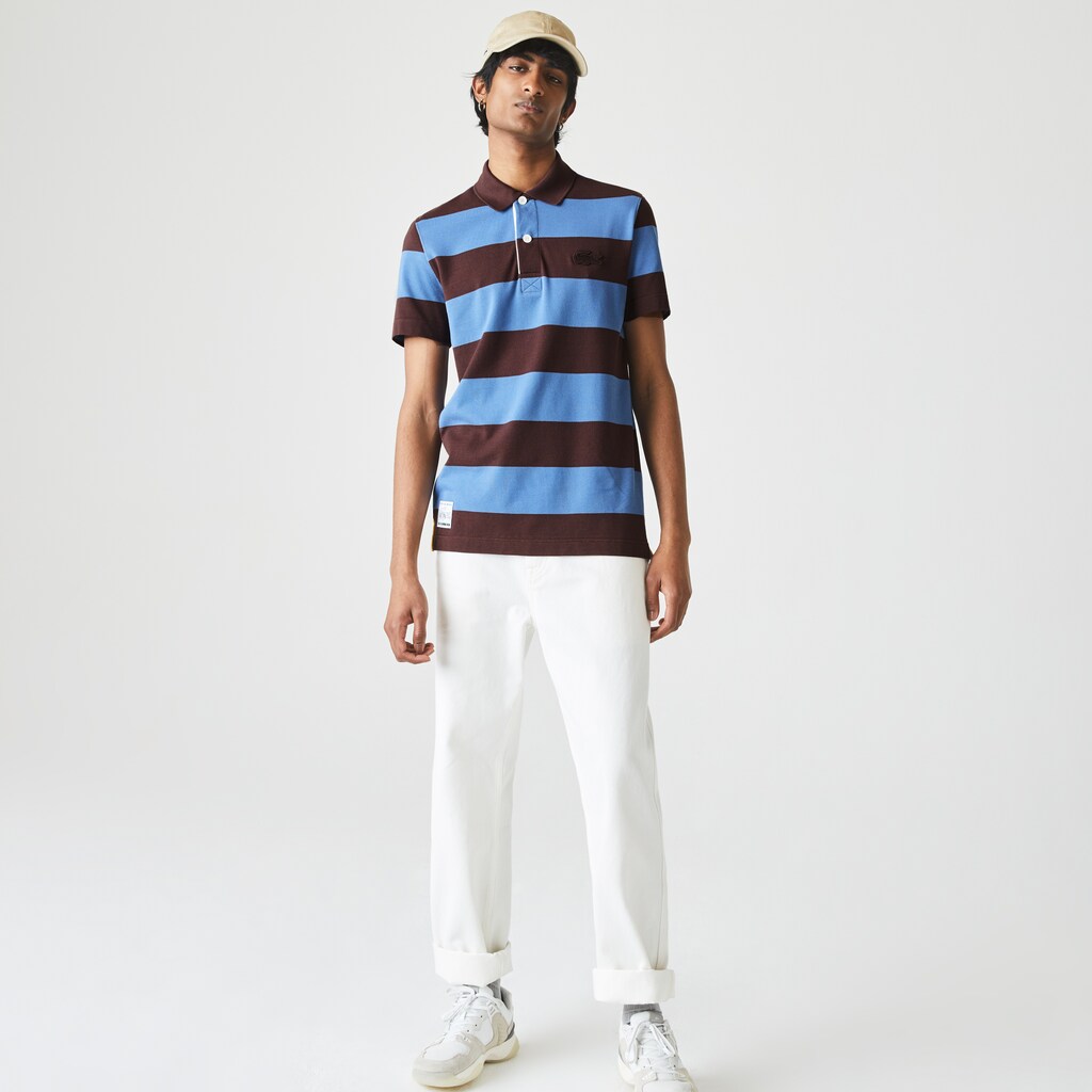 Men's Lacoste Brown / Blue Polo Shirts Regular Fit Striped Cotton Piqué TB5-98389L6