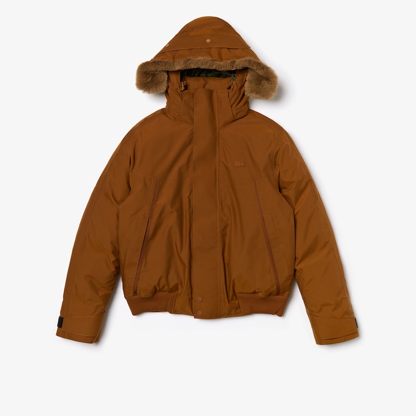 Men's Lacoste Brown / Khaki Green Parka Jackets Detachable Faux Fur Hood Short Quilted MX5-80198U9