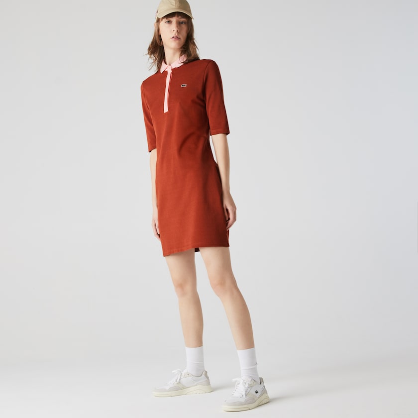 Women's Lacoste Brown / Pink Polo Dress Premium Cotton Piqué FW0-55015Z5