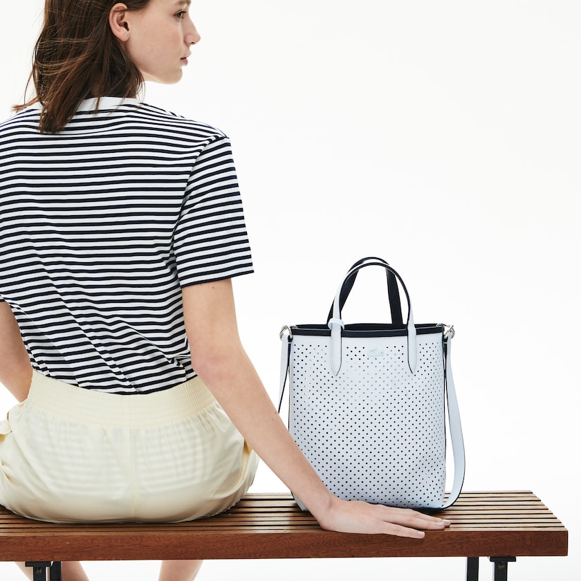 Women's Lacoste Dark Navy / White Tote Bags Anna Removable Pouch Perforated Vertical FX5-10991E9