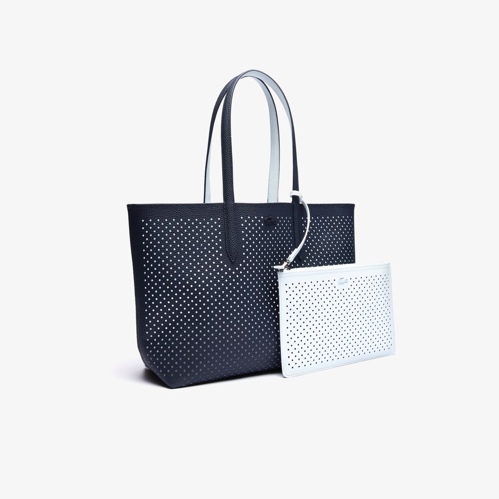 Women's Lacoste Dark Navy / White Tote Bags Anna Removable Pouch Perforated Reversible OB1-16261J1