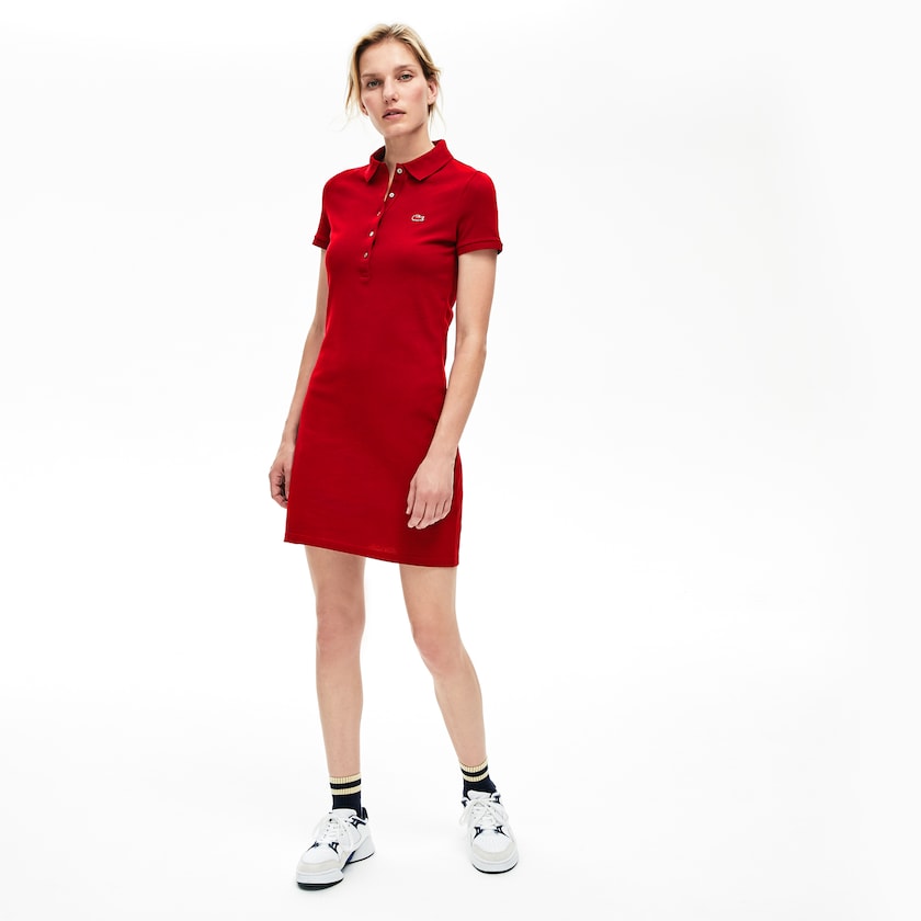 Women's Lacoste Dark Red Polo Dress Stretch Cotton Mini Piqué AC2-46214S9