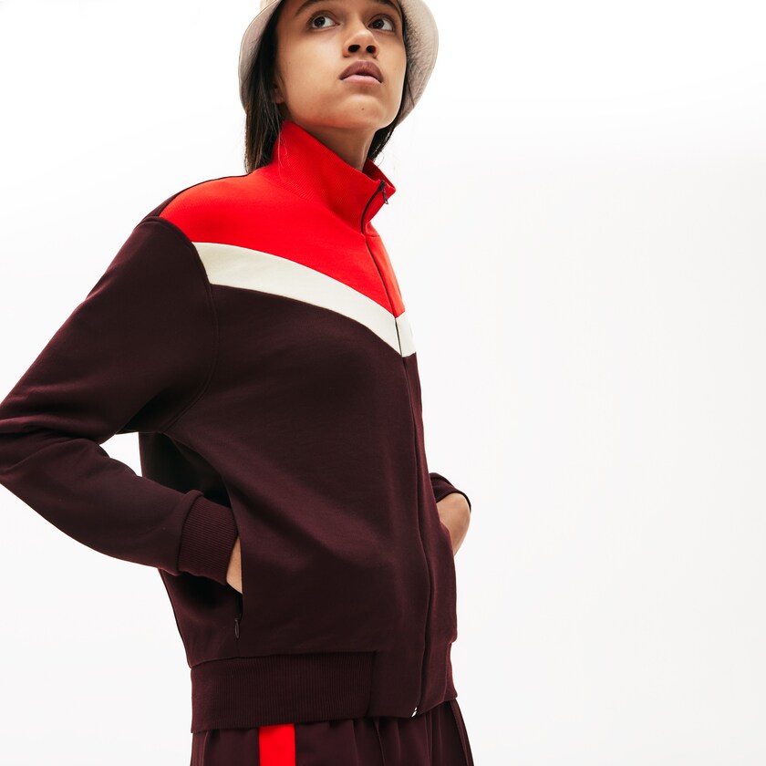 Women's Lacoste Dark Red / Beige / Red Sweatshirts Color-Block Fleece Zip Up VM4-14911L9