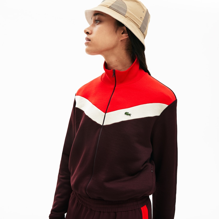 Women's Lacoste Dark Red / Beige / Red Sweatshirts Color-Block Fleece Zip Up VM4-14911L9