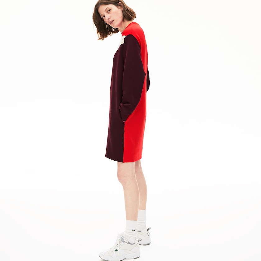 Women's Lacoste Dark Red / Beige / Red Dress Colorblock Fleece Sweatshirt MR6-43904Z2
