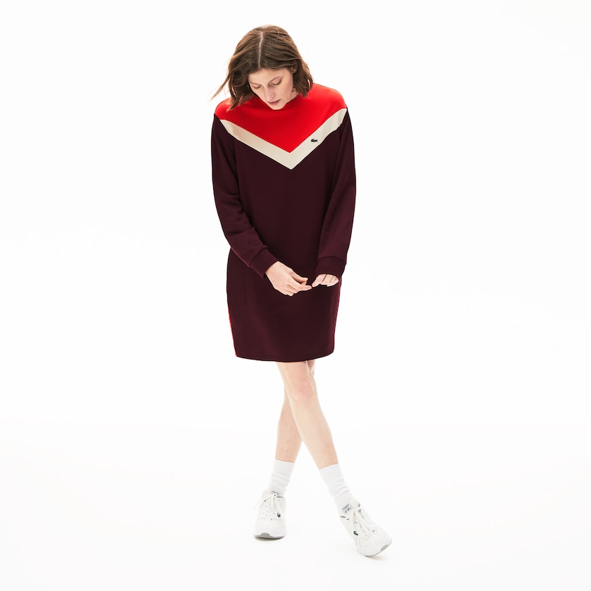 Women's Lacoste Dark Red / Beige / Red Dress Colorblock Fleece Sweatshirt MR6-43904Z2