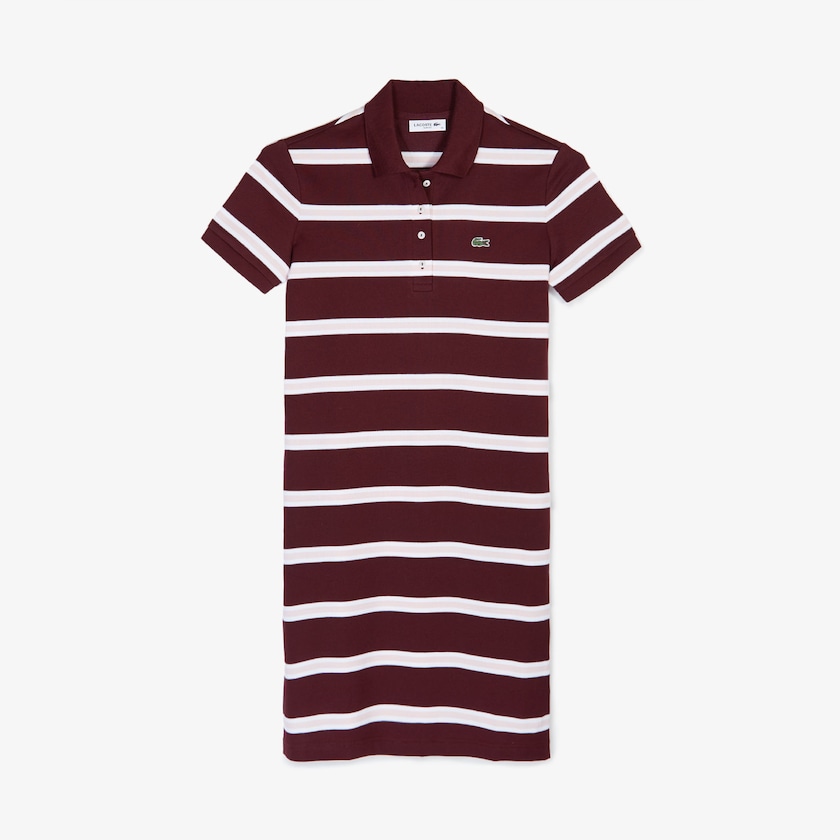 Women's Lacoste Dark Red / Light Pink / White Polo Dress Striped Stretch Cotton OF6-77207N0