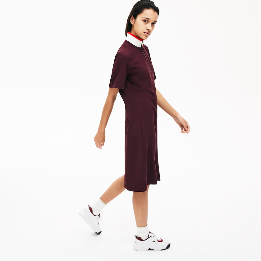 Women's Lacoste Dark Red / White / Red Polo Dress Flared Zip-Up AM0-98389V3