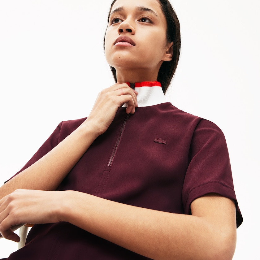 Women's Lacoste Dark Red / White / Red Polo Dress Flared Zip-Up AM0-98389V3