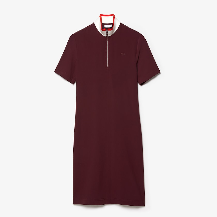Women's Lacoste Dark Red / White / Red Polo Dress Flared Zip-Up AM0-98389V3