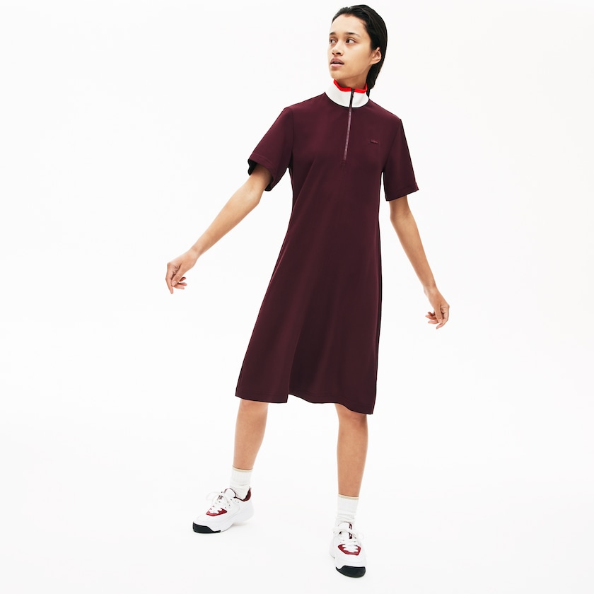 Women's Lacoste Dark Red / White / Red Polo Dress Flared Zip-Up AM0-98389V3