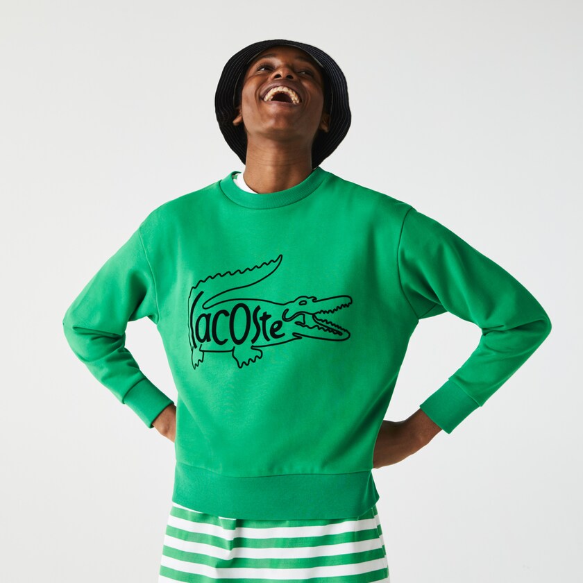 Women's Lacoste Green Sweatshirts Crew Neck Crocodile Print Cotton Fleece BT3-17441Y8