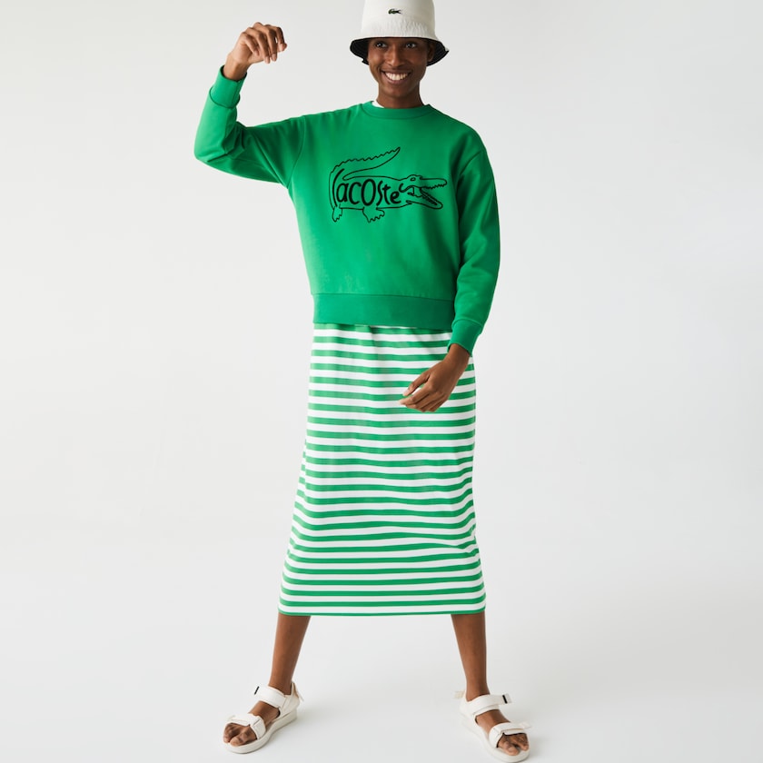 Women's Lacoste Green Sweatshirts Crew Neck Crocodile Print Cotton Fleece BT3-17441Y8