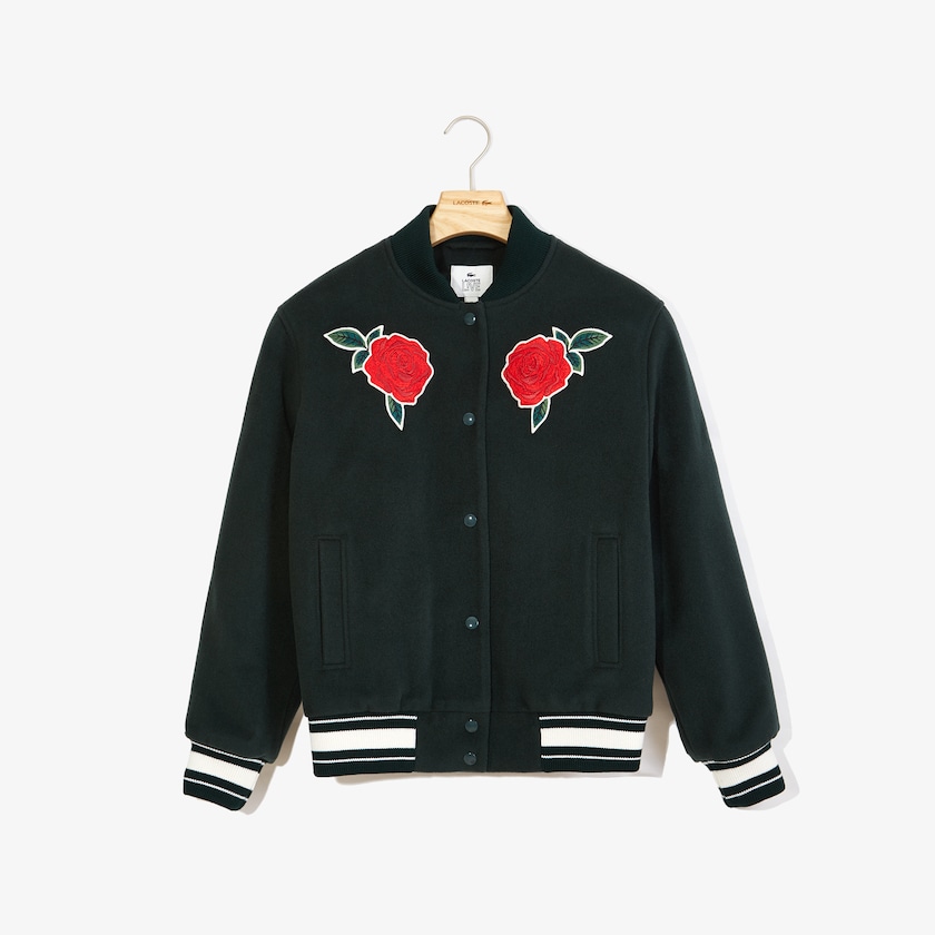 Women's Lacoste Green Jackets LIVE Rose-Embroidered Varsity ZL3-66696A9