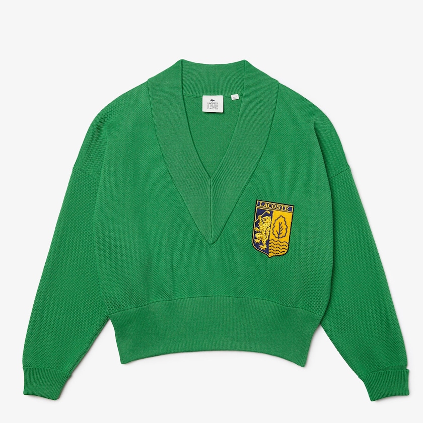 Women's Lacoste Green Sweaters LIVE V-Neck Emblem AJ3-58675D0