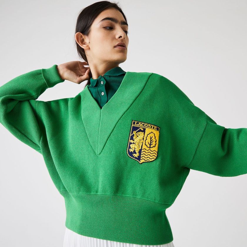 Women's Lacoste Green Sweaters LIVE V-Neck Emblem AJ3-58675D0