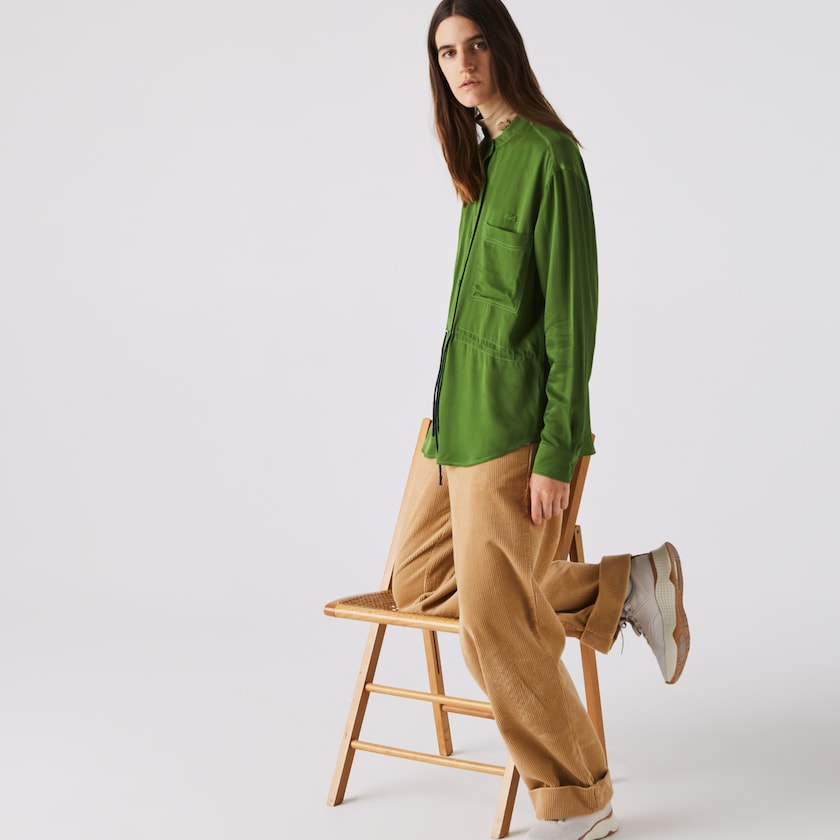 Women's Lacoste Green Shirts Relaxed Fit Adjustable Waist Flowy Mao Collar ZY6-36933M4