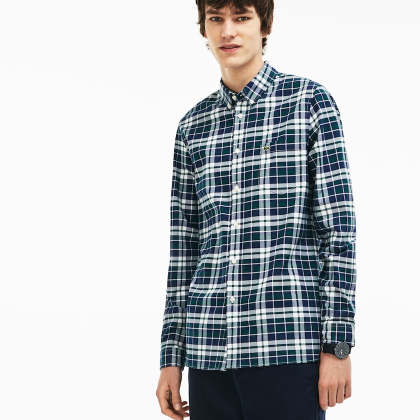 Men's Lacoste Green Shirts Slim Fit Check Stretch Oxford Cotton FI7-49754R2