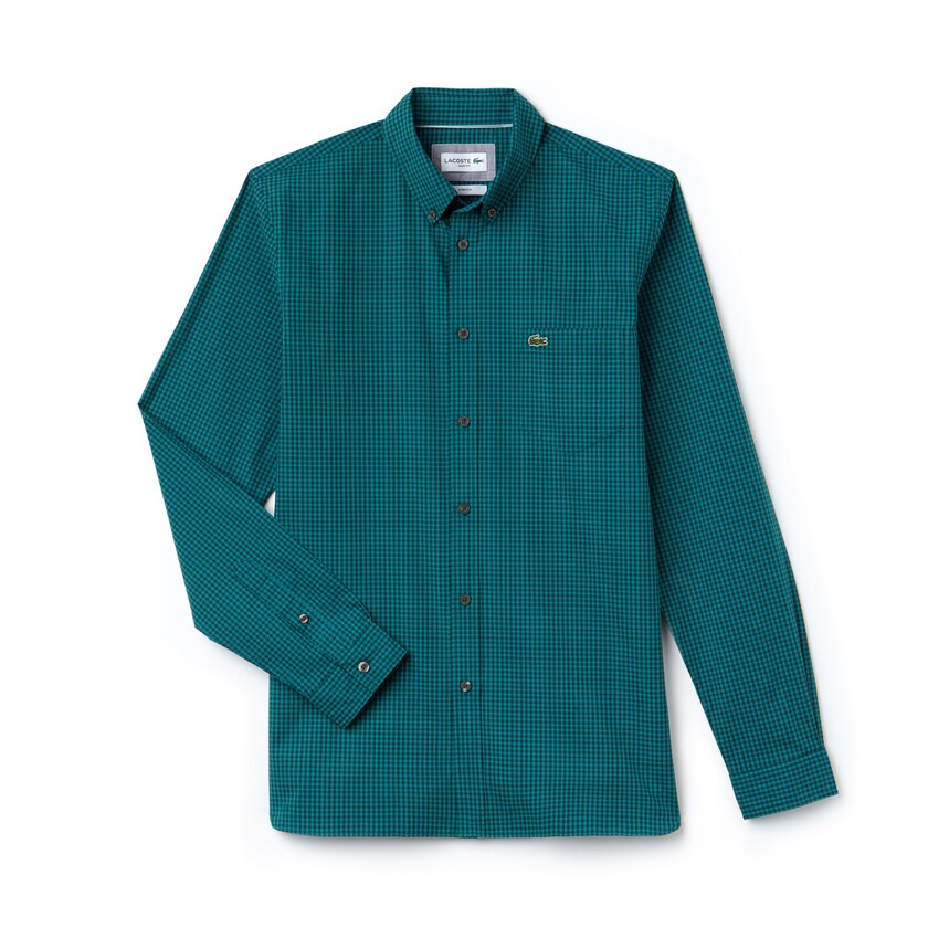 Men's Lacoste Green Shirts Slim Fit Gingham Stretch Cotton Poplin LX0-44404G8
