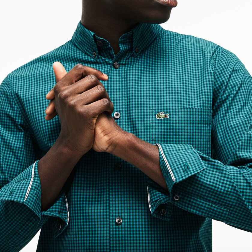 Men's Lacoste Green Shirts Slim Fit Gingham Stretch Cotton Poplin LX0-44404G8