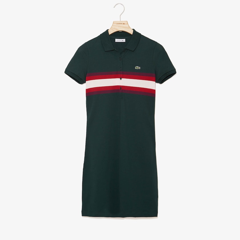 Women's Lacoste Green / Dark Red / Light Pink Polo Dress Color Block Stripe OT1-94589X3