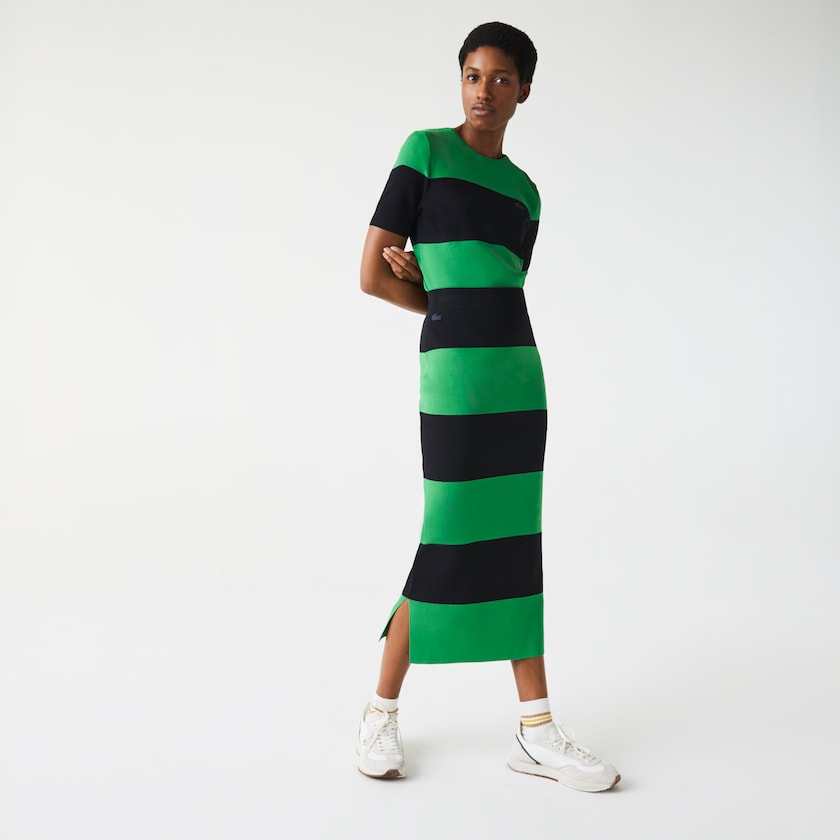 Women's Lacoste Green / Navy Blue Skirts LIVE Long Striped Knit NB7-54335H6