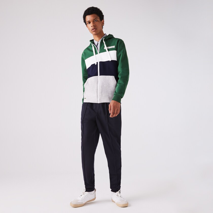 Men's Lacoste Green / Navy Blue / Grey / White Sweatshirts SPORT Colourblock Fleece Zip RT8-94659E6