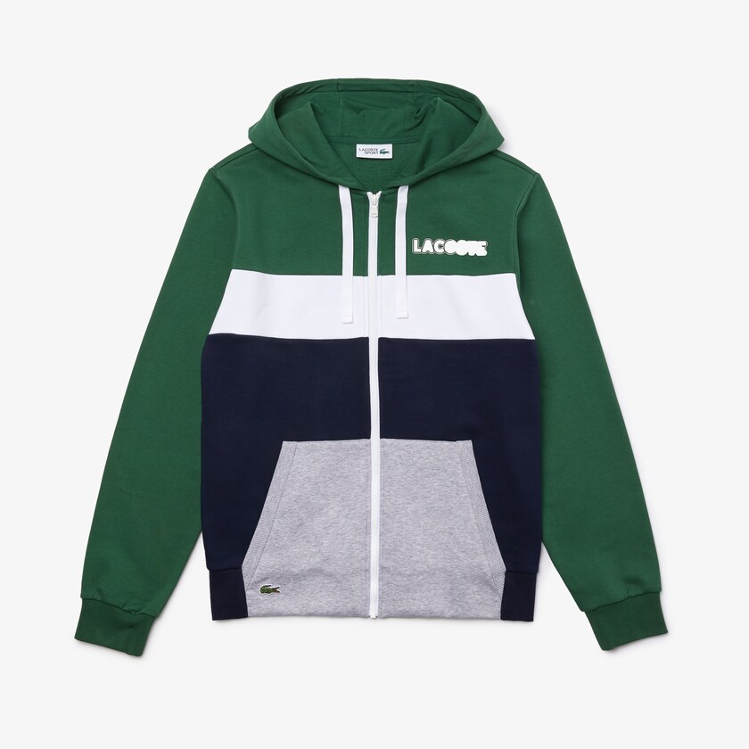 Men's Lacoste Green / Navy Blue / Grey / White Sweatshirts SPORT Colourblock Fleece Zip RT8-94659E6