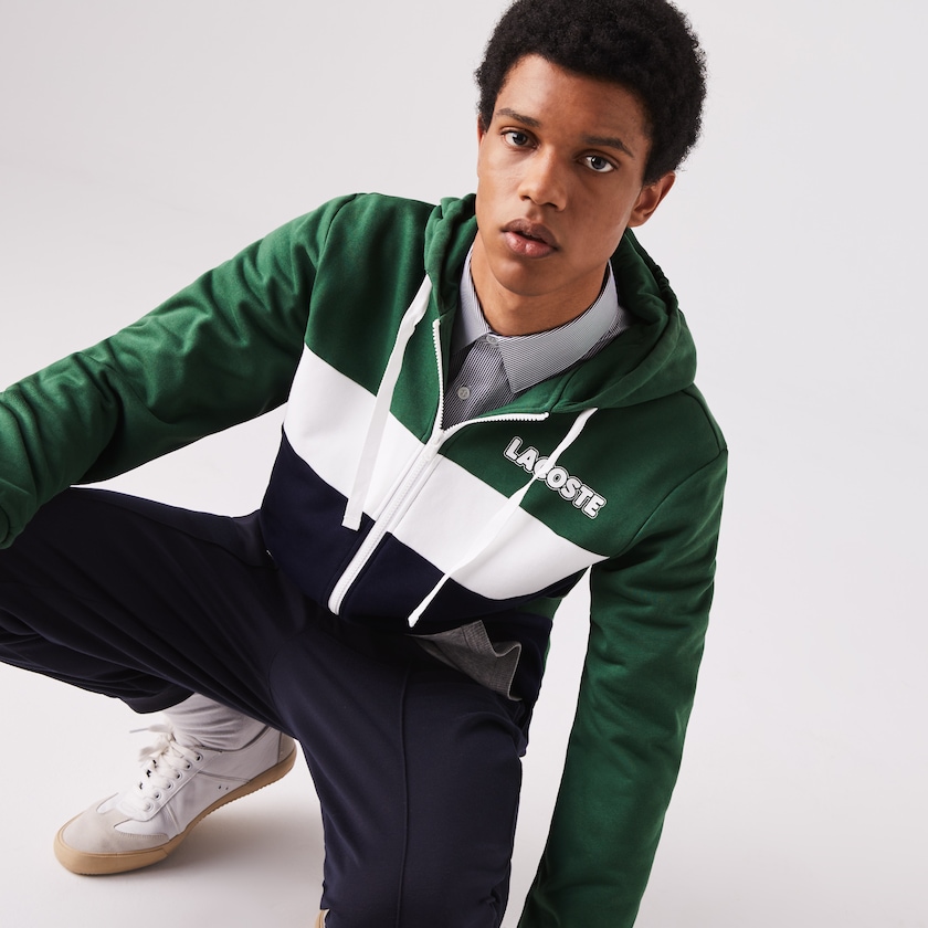 Men's Lacoste Green / Navy Blue / Grey / White Sweatshirts SPORT Colourblock Fleece Zip RT8-94659E6