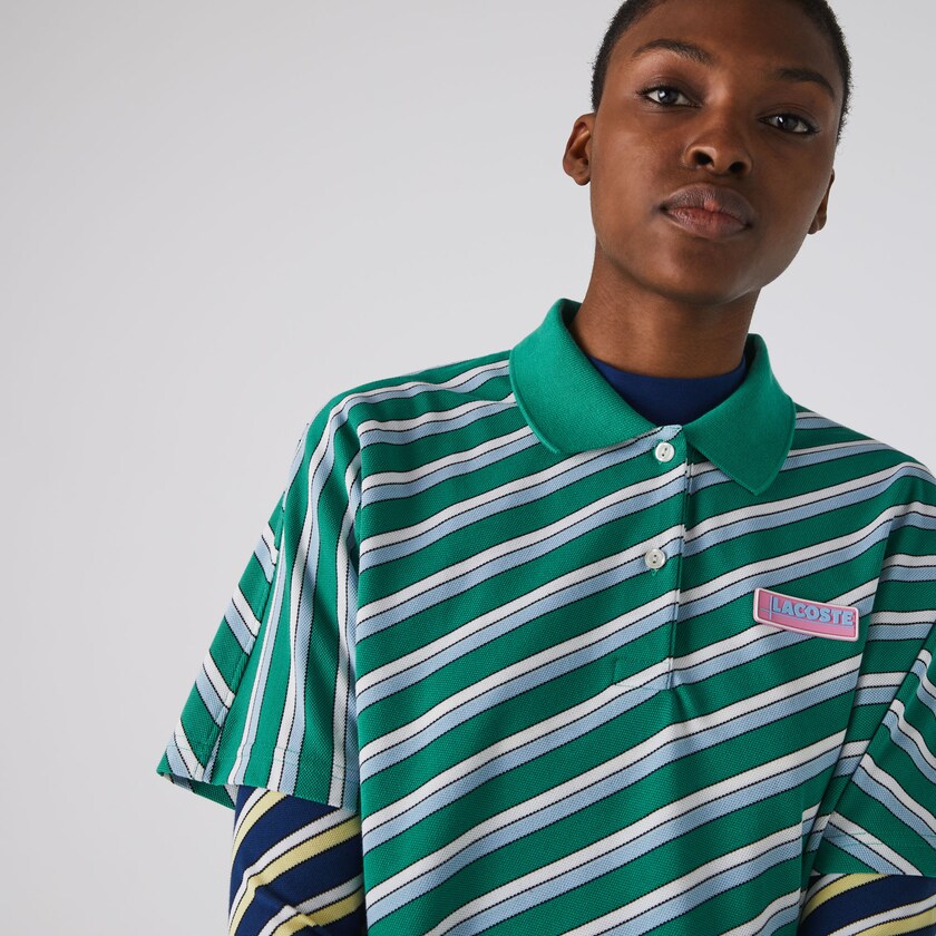 Women's Lacoste Green / White Polo Shirts LIVE Loose Fit Badge Striped Cotton Piqué UY2-46964H6