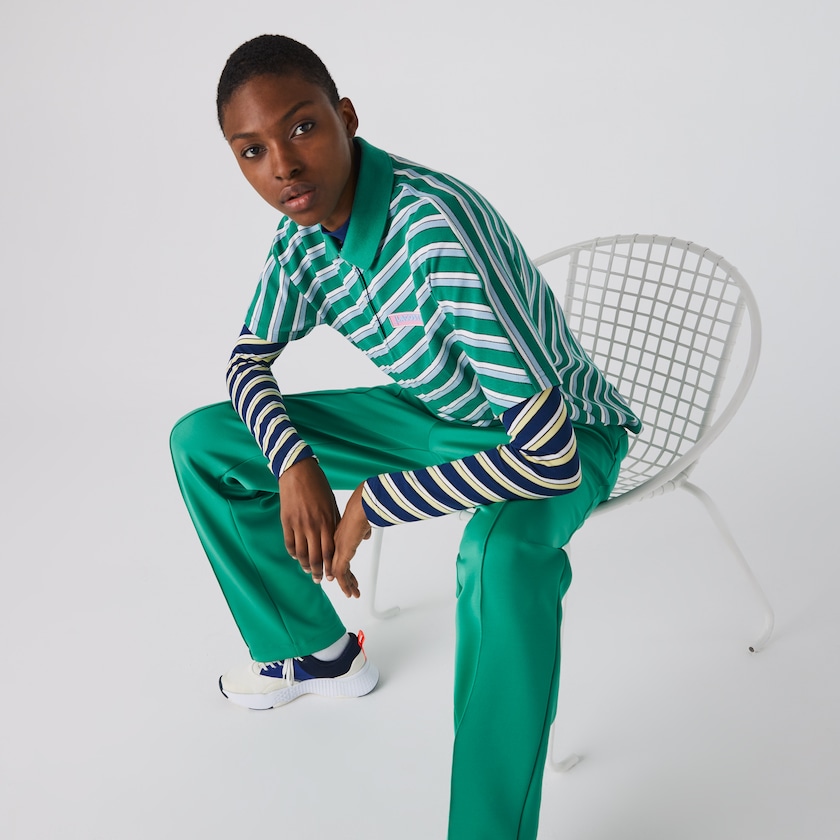 Women's Lacoste Green / White Polo Shirts LIVE Loose Fit Badge Striped Cotton Piqué UY2-46964H6