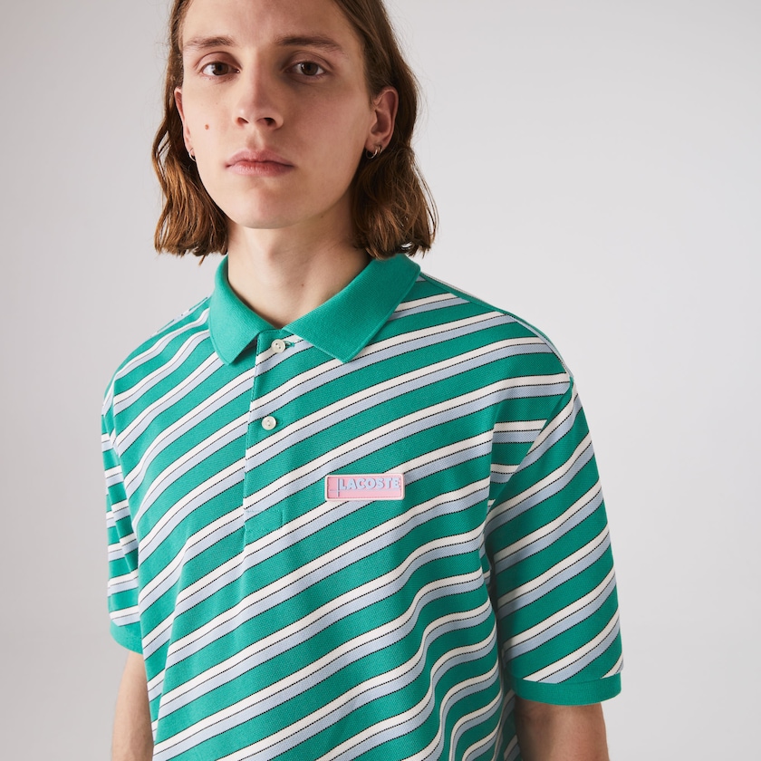 Men's Lacoste Green / White Shirts LIVE Striped Cotton Piqué Polo OL3-72227D5