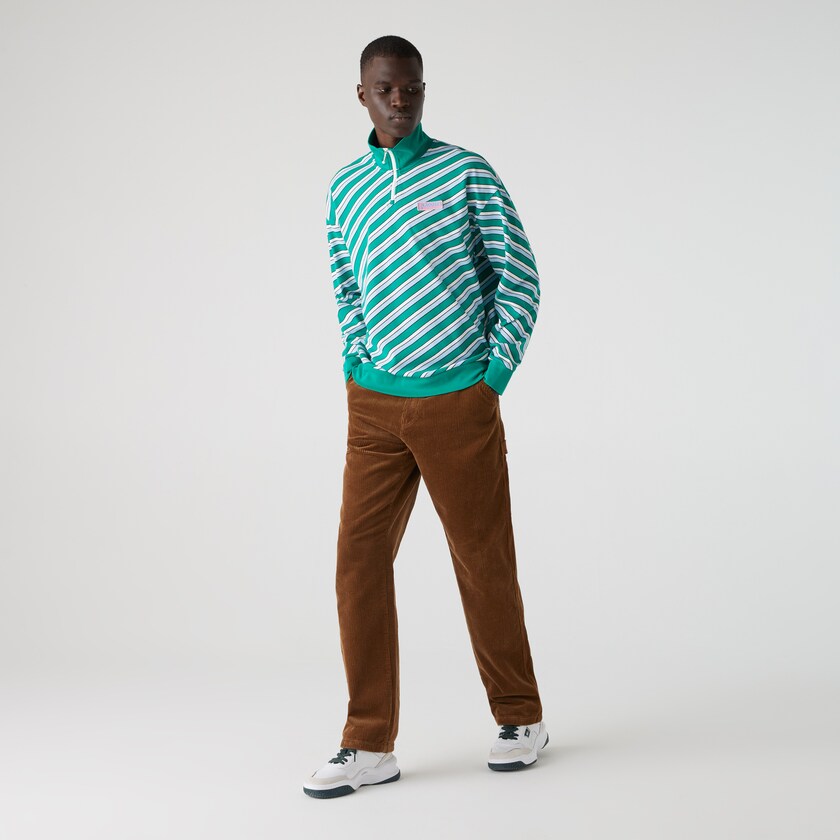 Men's Lacoste Green / White Sweatshirts LIVE Striped Stand-Up Collar Cotton GN8-60356A2