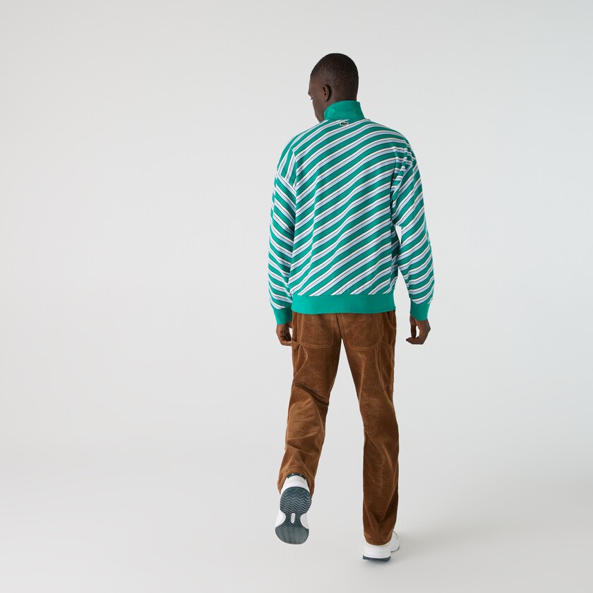 Men's Lacoste Green / White Sweatshirts LIVE Striped Stand-Up Collar Cotton GN8-60356A2